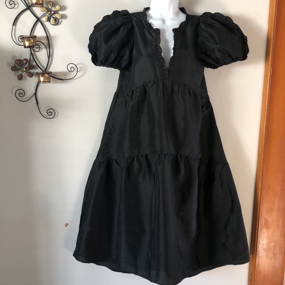 NWOT Kika Vargas x Target Tiered Ruffle Edge Puff Sleeve Midi Black Dress - Picture 2 of 16